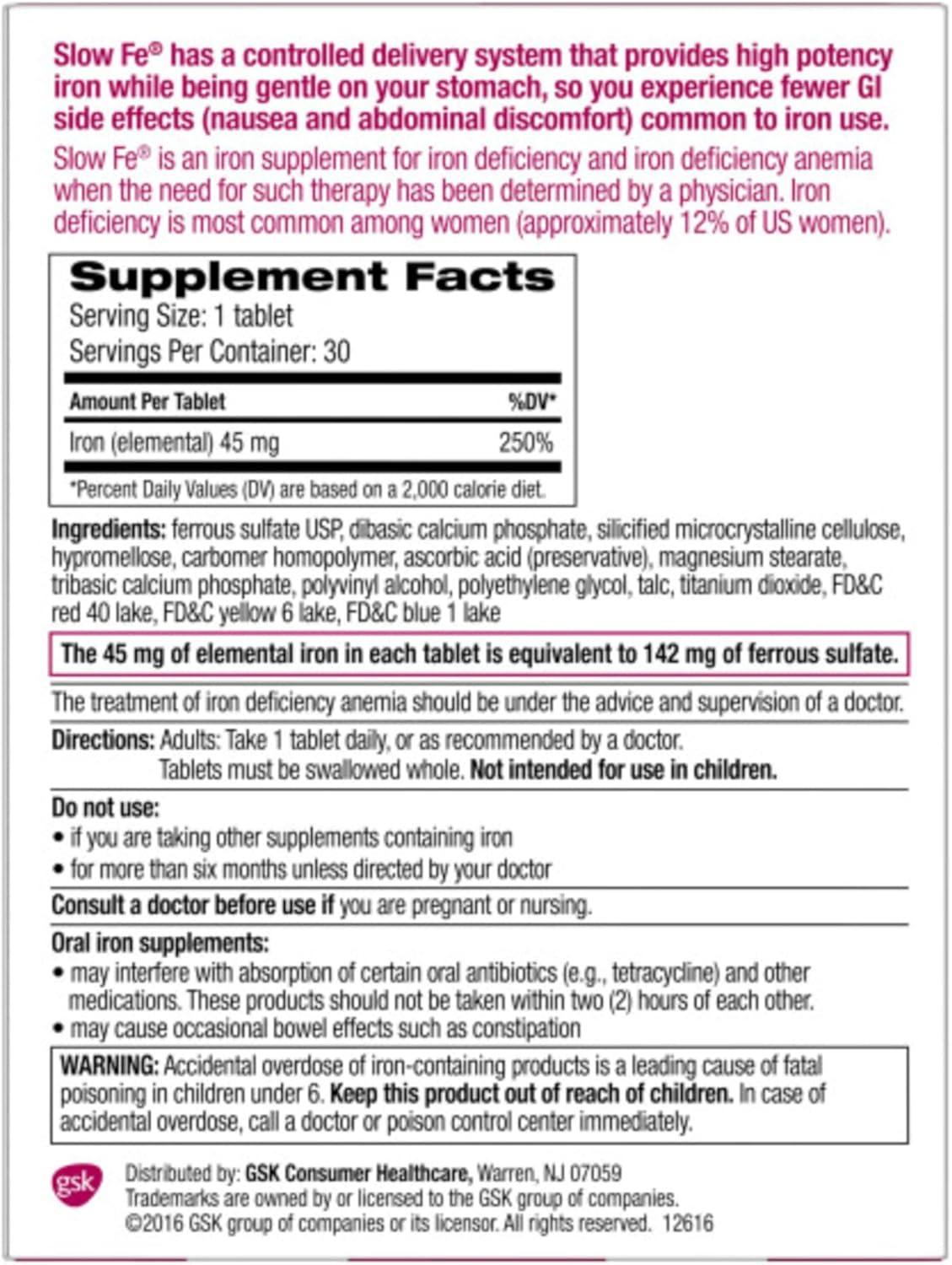 Slow Fe 45mg Iron Supplement - Slow Release, High Potency - 30 Count