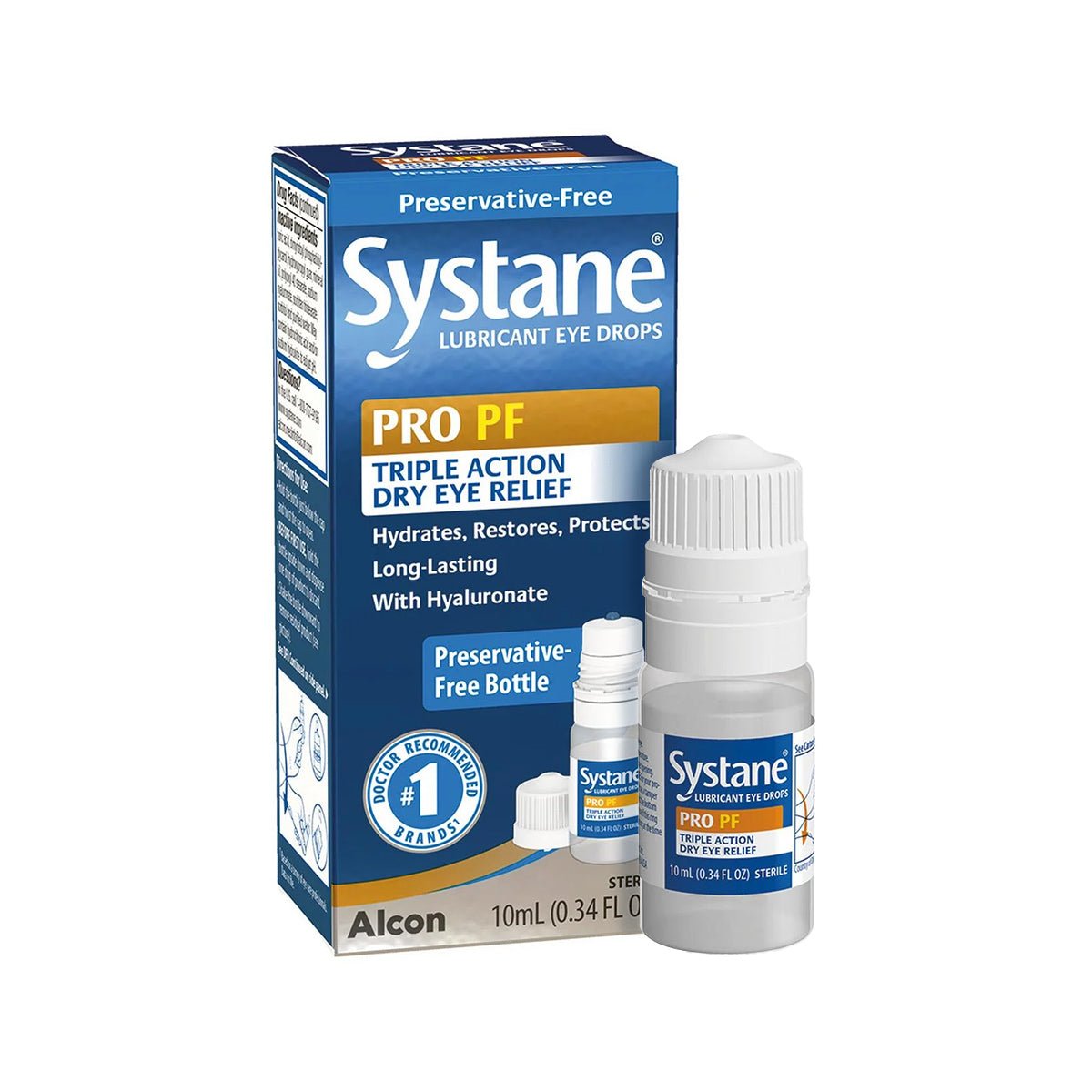Systane lubricant eye drops packaging with blue box and white bottle on a white background