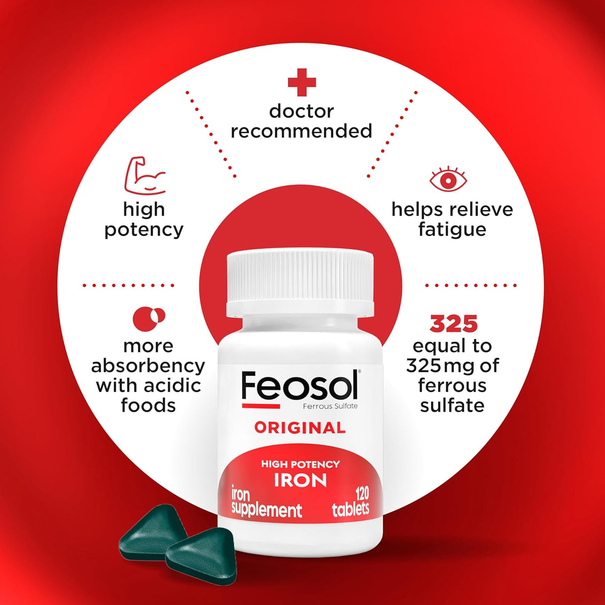 Feosol Original Iron Supplement - 325mg Ferrous Sulfate - 120 Tablets