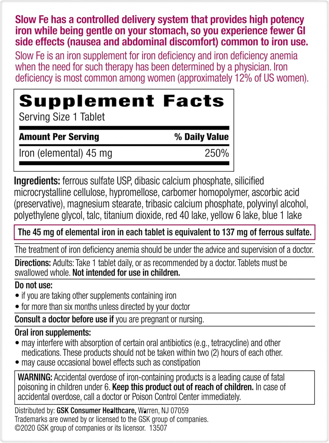 Slow Fe 45mg Iron Supplement - Slow Release, High Potency - 30 Count
