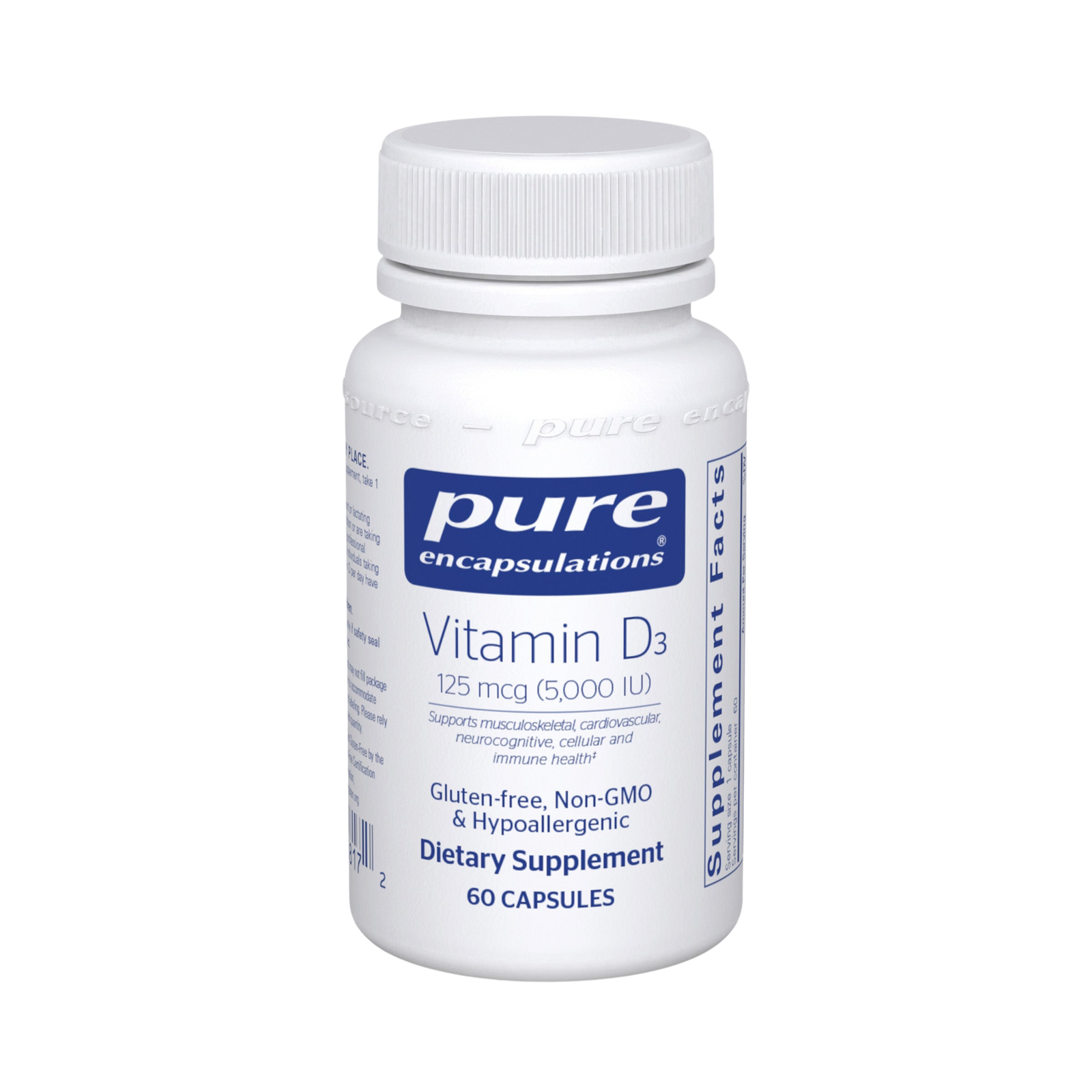 White bottle of pure encapsulations Vitamin D3 supplement on a white background