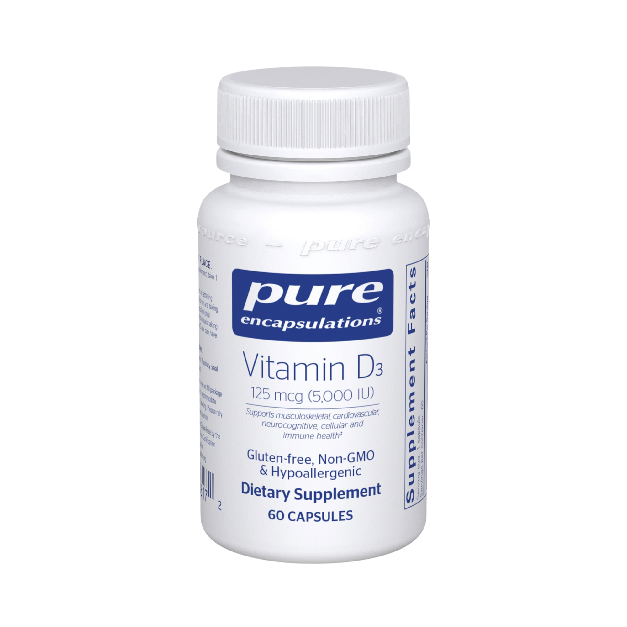 White bottle of pure encapsulations Vitamin D3 supplement on a white background