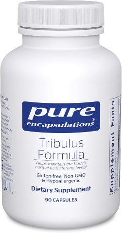 Supplement bottle labeled &#39;pure encapsulations Tribulus Formula&#39; on a white background