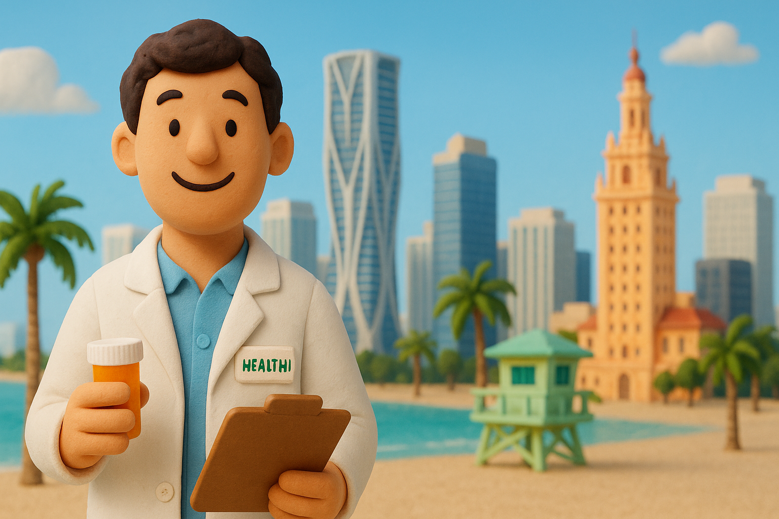 Animated character in a lab coat holding a clipboard and vial with city skyline in the background